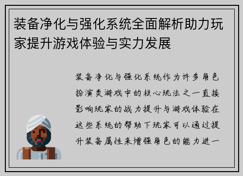 装备净化与强化系统全面解析助力玩家提升游戏体验与实力发展