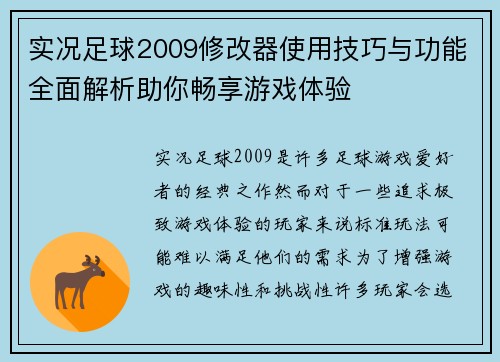 实况足球2009修改器使用技巧与功能全面解析助你畅享游戏体验